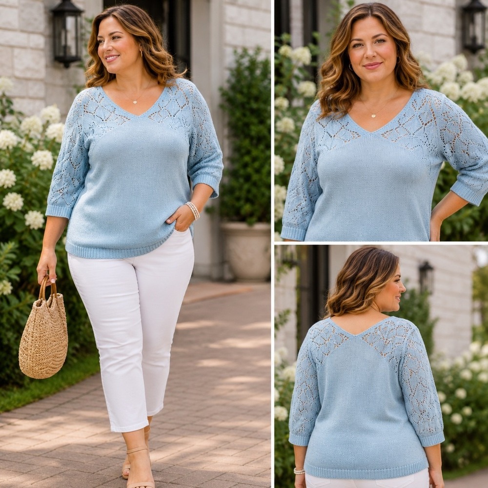 Davi & Dani Pointelle Knit Sweater Women's Large Sky Blue V-Neck Raglan NWT